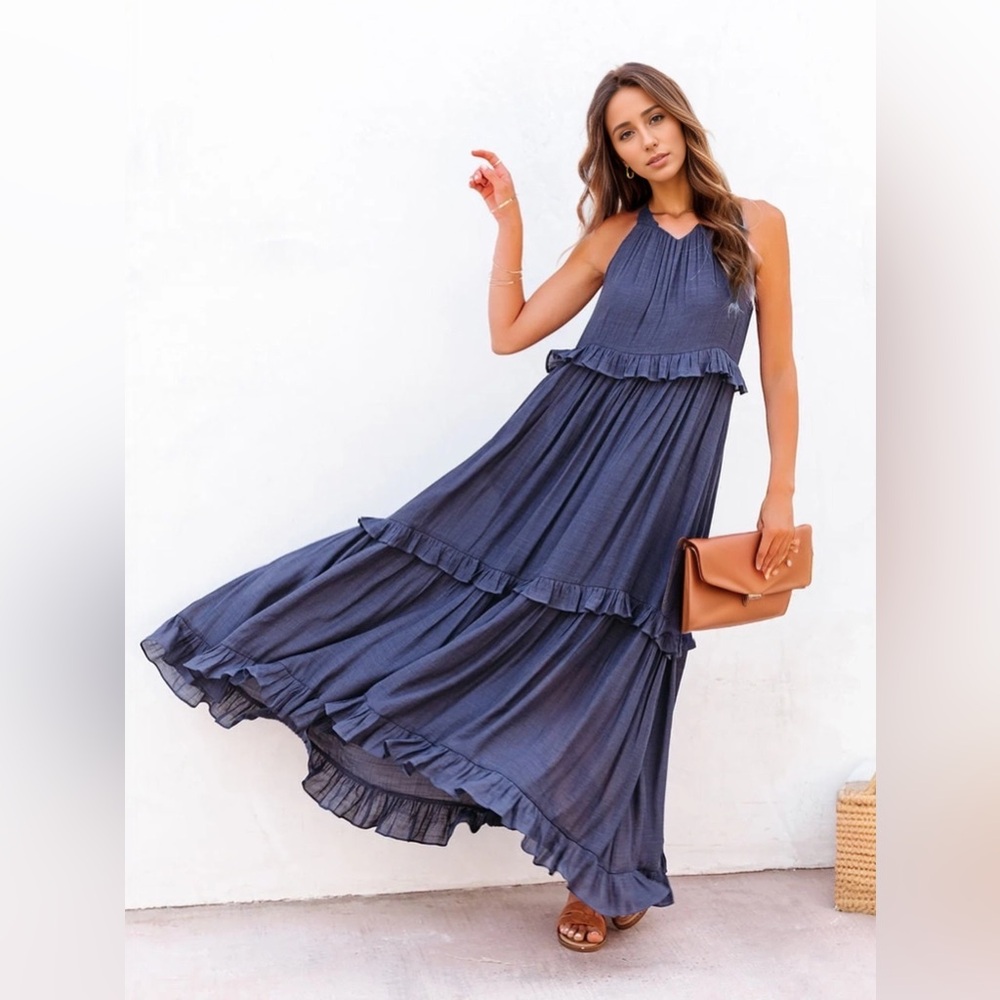 Navy Ruffled Sleeveless Tiered Maxi Dress with Pockets
